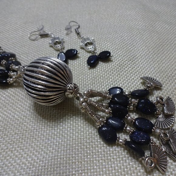 Unique BLUE SUNSTONE & ORNATE SILVER Handmade 26" Necklace with Earrings #166C - Picture 1 of 4